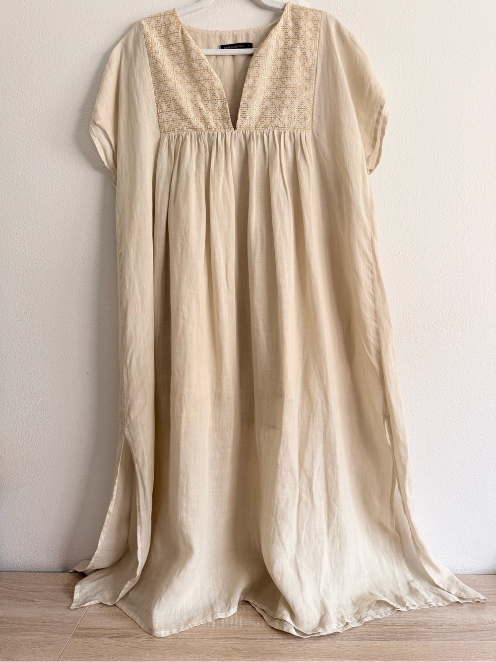 Greek Archaic Kori midi Dress Sz S neutral gold embellished goddess
